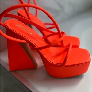 Fluorescent Orange Strappy Platform Ultra High Block Heel Sandals